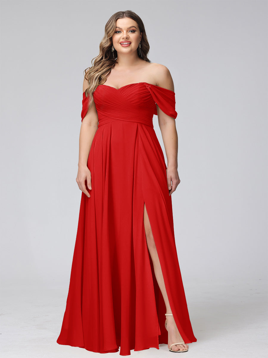 A-Line Off-the-Shoulder Sleeveless Ruched Long Chiffon Plus Size Bridesmaid Dresses with Split Side