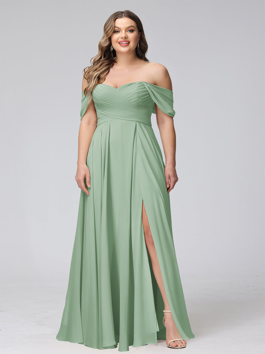 A-Line Off-the-Shoulder Sleeveless Ruched Long Chiffon Plus Size Bridesmaid Dresses with Split Side