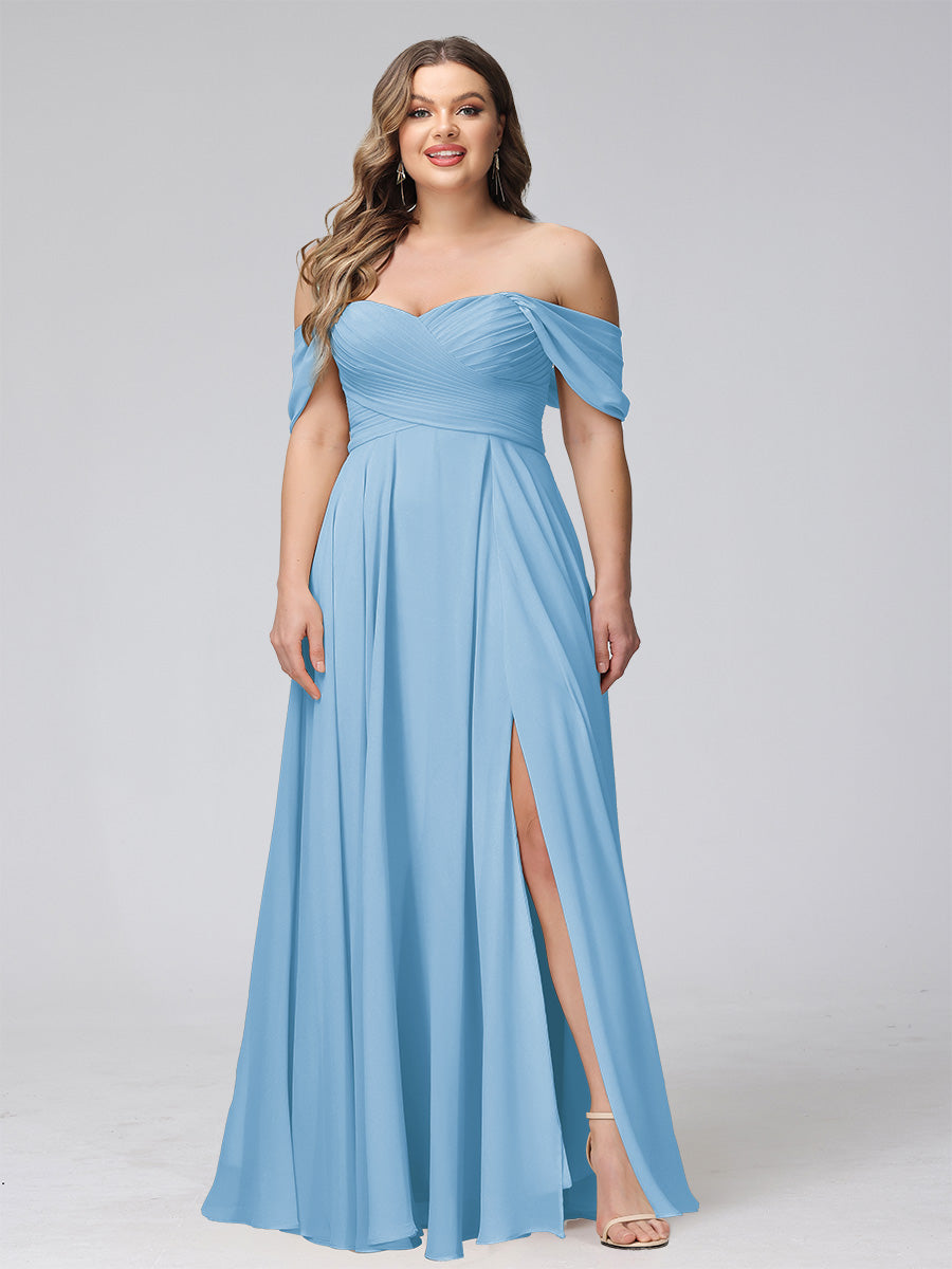 A-Line Off-the-Shoulder Sleeveless Ruched Long Chiffon Plus Size Bridesmaid Dresses with Split Side