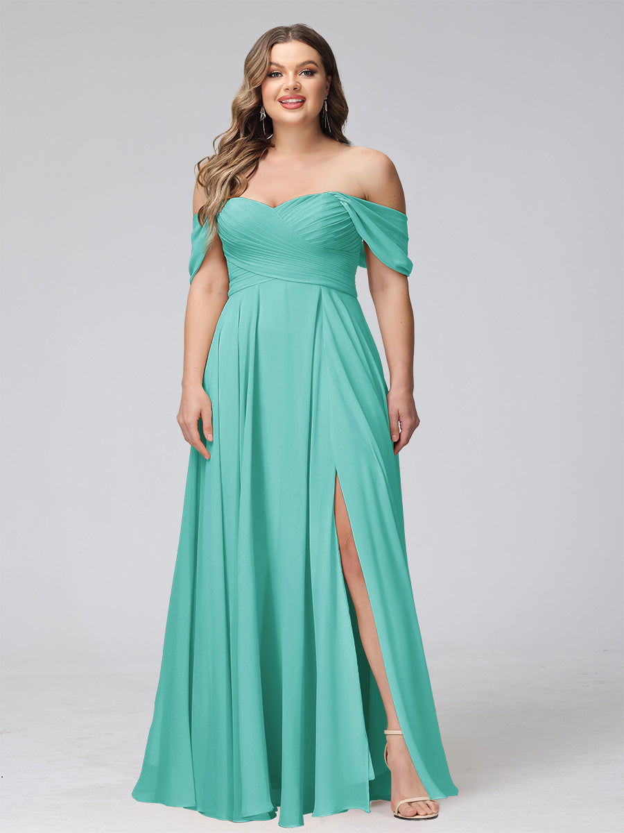 A-Line Off-the-Shoulder Sleeveless Ruched Long Chiffon Plus Size Bridesmaid Dresses with Split Side