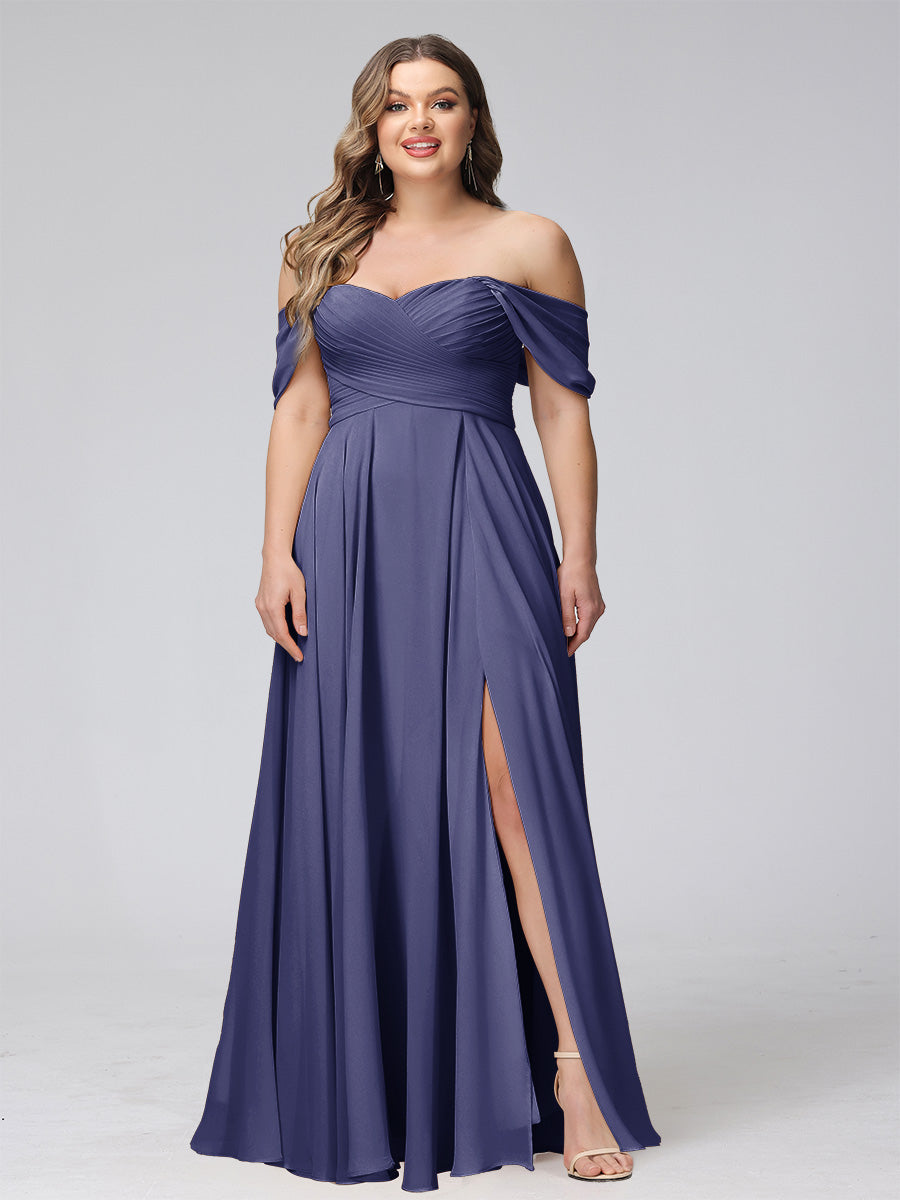 A-Line Off-the-Shoulder Sleeveless Ruched Long Chiffon Plus Size Bridesmaid Dresses with Split Side