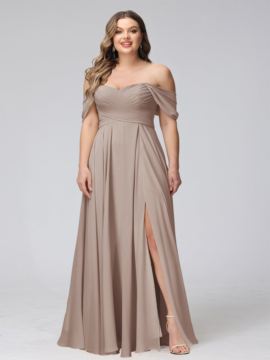 A-Line Off-the-Shoulder Sleeveless Ruched Long Chiffon Plus Size Bridesmaid Dresses with Split Side