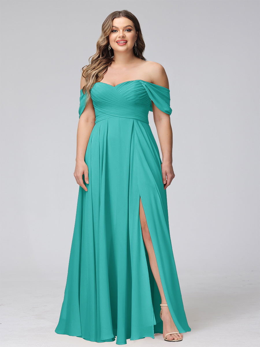 A-Line Off-the-Shoulder Sleeveless Ruched Long Chiffon Plus Size Bridesmaid Dresses with Split Side