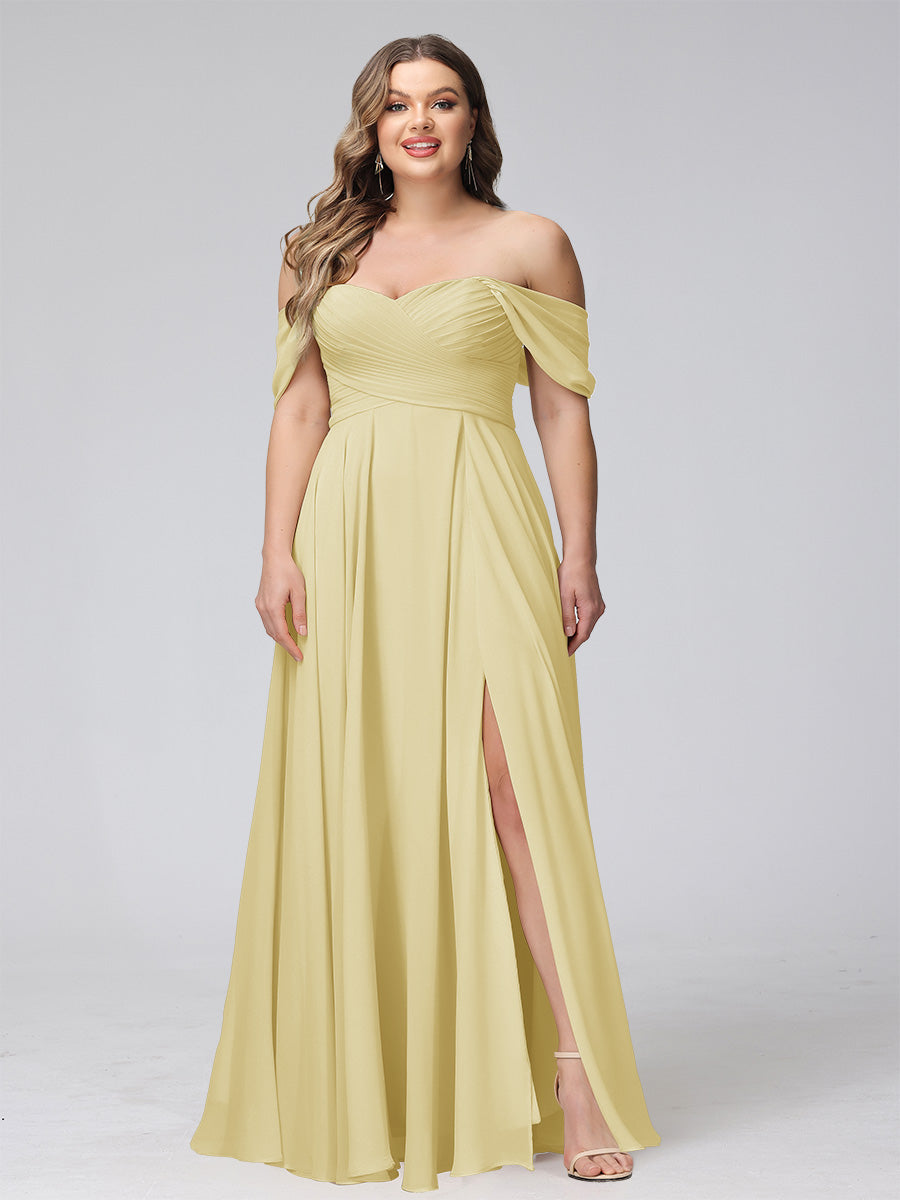A-Line Off-the-Shoulder Sleeveless Ruched Long Chiffon Plus Size Bridesmaid Dresses with Split Side