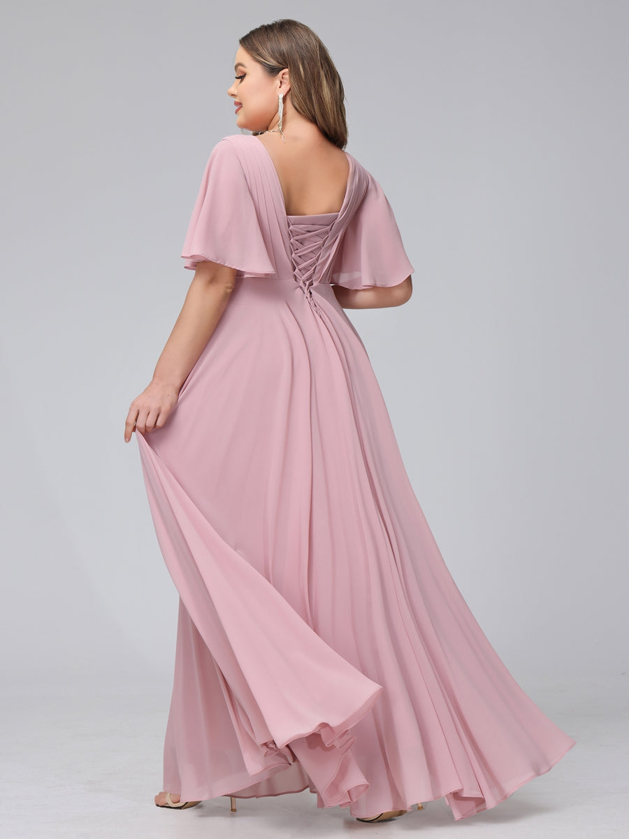 A-Line V-Neck Half Sleeves Long Chiffon Plus Size Bridesmaid Dresses With Ruffles Pockets