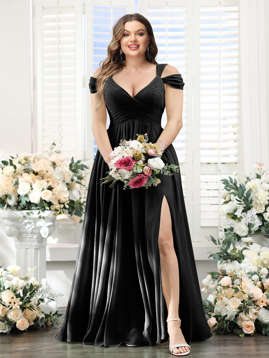 A-Line V-Neck Split Side Ruched Floor-Length Chiffon Plus Size Bridesmaid Dresses