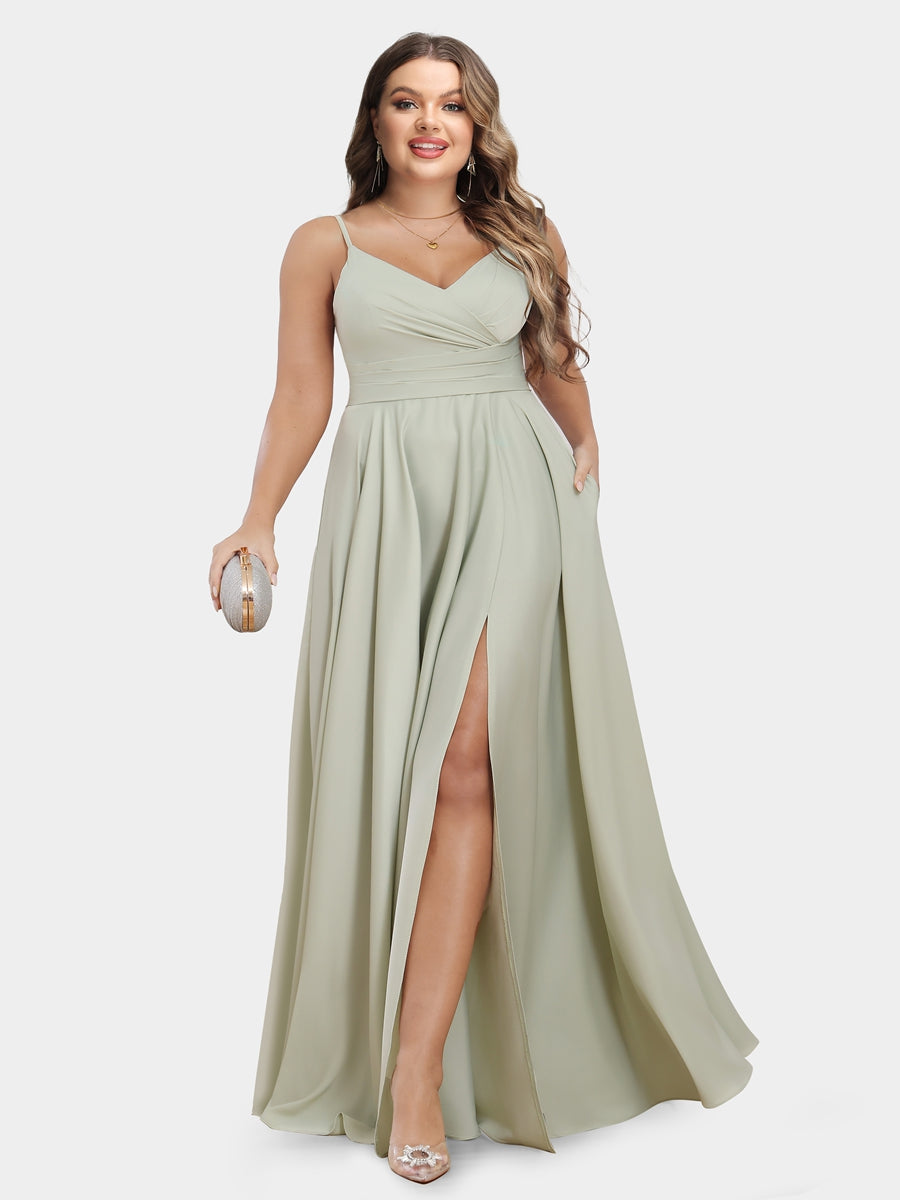 A-Line/Princess Spaghetti Straps Sleeveless Plus Size Bridesmaid Dresses with Ruched