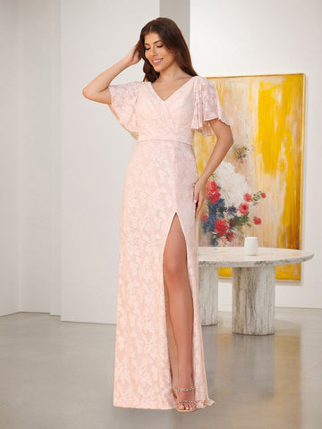 A-Line/Princess V-Neck Ruffle Short Sleeves Ruched Floor-Length Bridesmaid Dresses With Side Slit