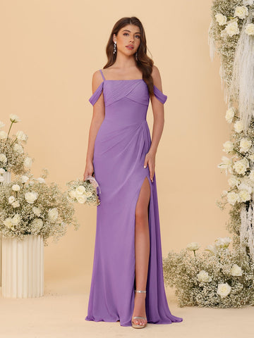 Sheath/Column Off-the-Shoulder Spaghetti Straps Long Ruched Bridesmaid Dresses With Side Slit