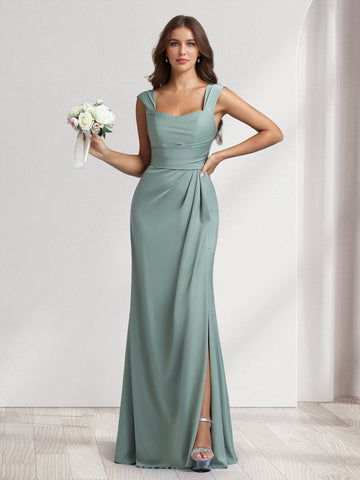Sheath/Column Square Neck Long Ruched Bridesmaid Dresses with Split Side