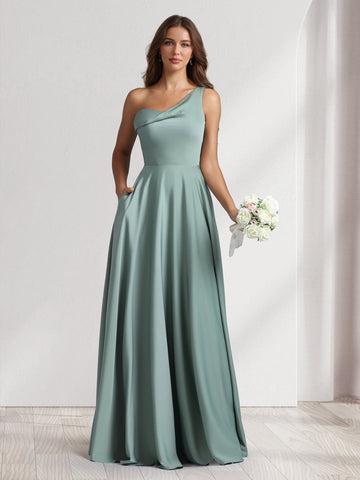 A-Line/Princess One-Shoulder Floor-Length Bridesmaid Dresses With Pockets