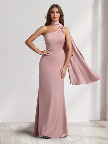 Sheath/Column Halter Maxi Dresses Long Bridesmaid Dresses with Neck Scarf