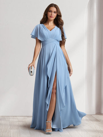 A-Line/Princess V-Neck Short Sleeves Bridesmaid Dresses With Ruffles & Split Side