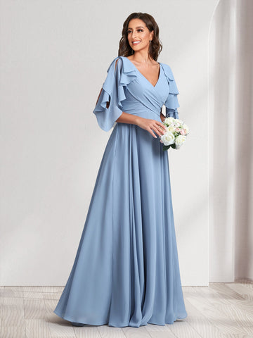 A-Line/Princess V-Neck Short Sleeves Long Bridesmaid Dresses With Ruffles & Belt