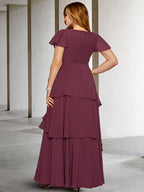 A-Line/Princess V-Neck Short Sleeves Floor-Length Plus Size Mother of the Bride Dresses with Ruffles