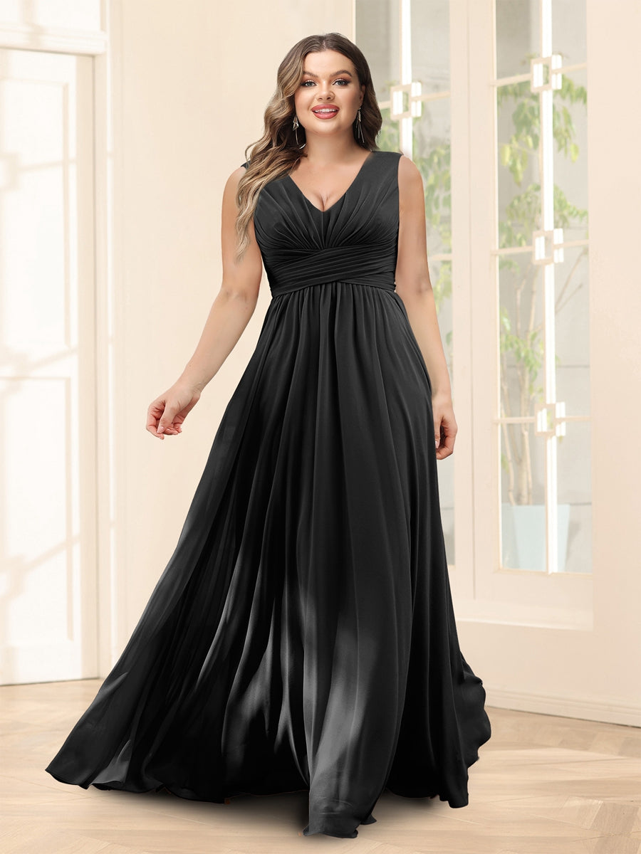 A-Line V-Neck Sleeveless Chiffon Plus Size Bridesmaid Dresses With Pockets