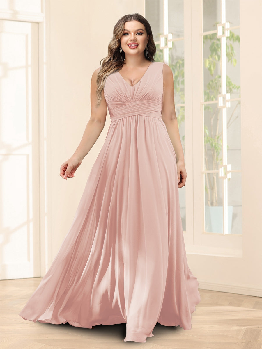 A-Line V-Neck Sleeveless Chiffon Plus Size Bridesmaid Dresses With Pockets