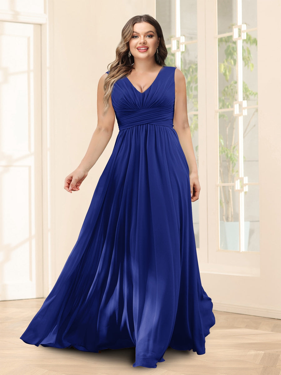 A-Line V-Neck Sleeveless Chiffon Plus Size Bridesmaid Dresses With Pockets