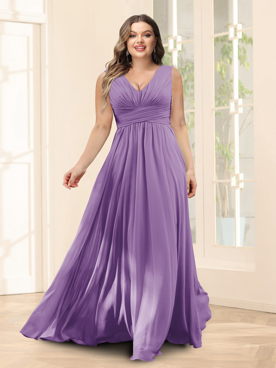 A-Line V-Neck Sleeveless Chiffon Plus Size Bridesmaid Dresses With Pockets