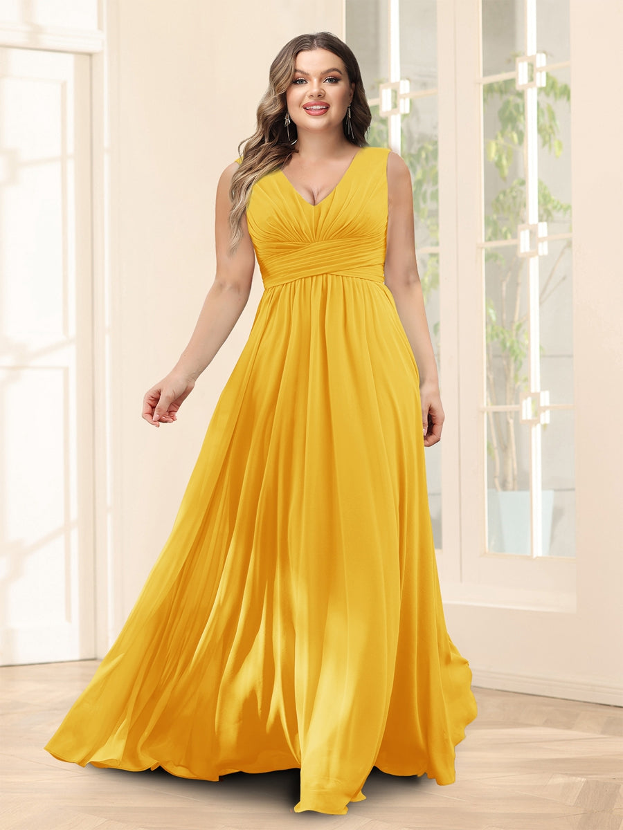 A-Line V-Neck Sleeveless Chiffon Plus Size Bridesmaid Dresses With Pockets