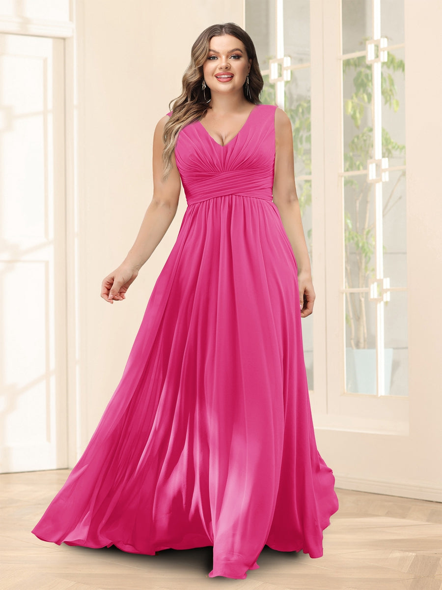 A-Line V-Neck Sleeveless Chiffon Plus Size Bridesmaid Dresses With Pockets