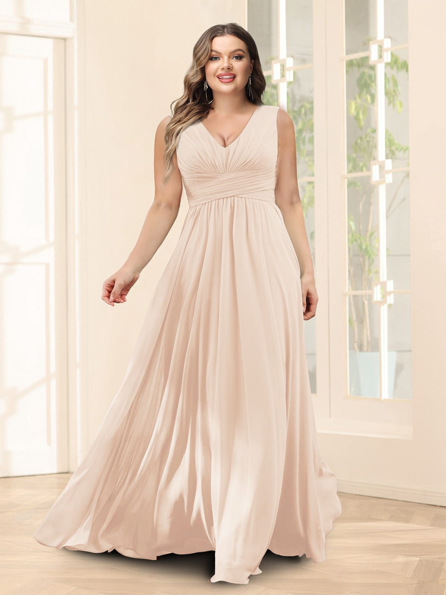 A-Line V-Neck Sleeveless Chiffon Plus Size Bridesmaid Dresses With Pockets