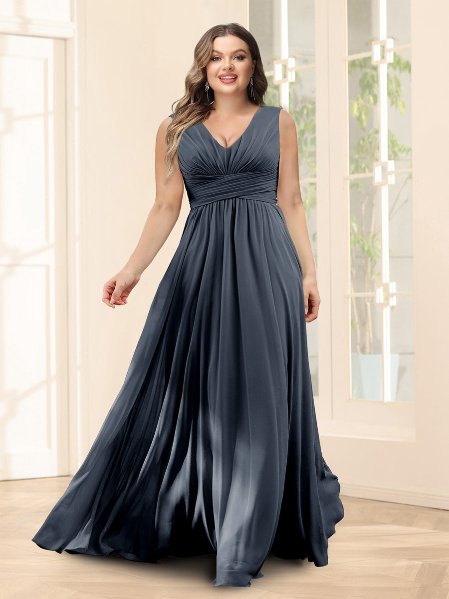A-Line V-Neck Sleeveless Chiffon Plus Size Bridesmaid Dresses With Pockets