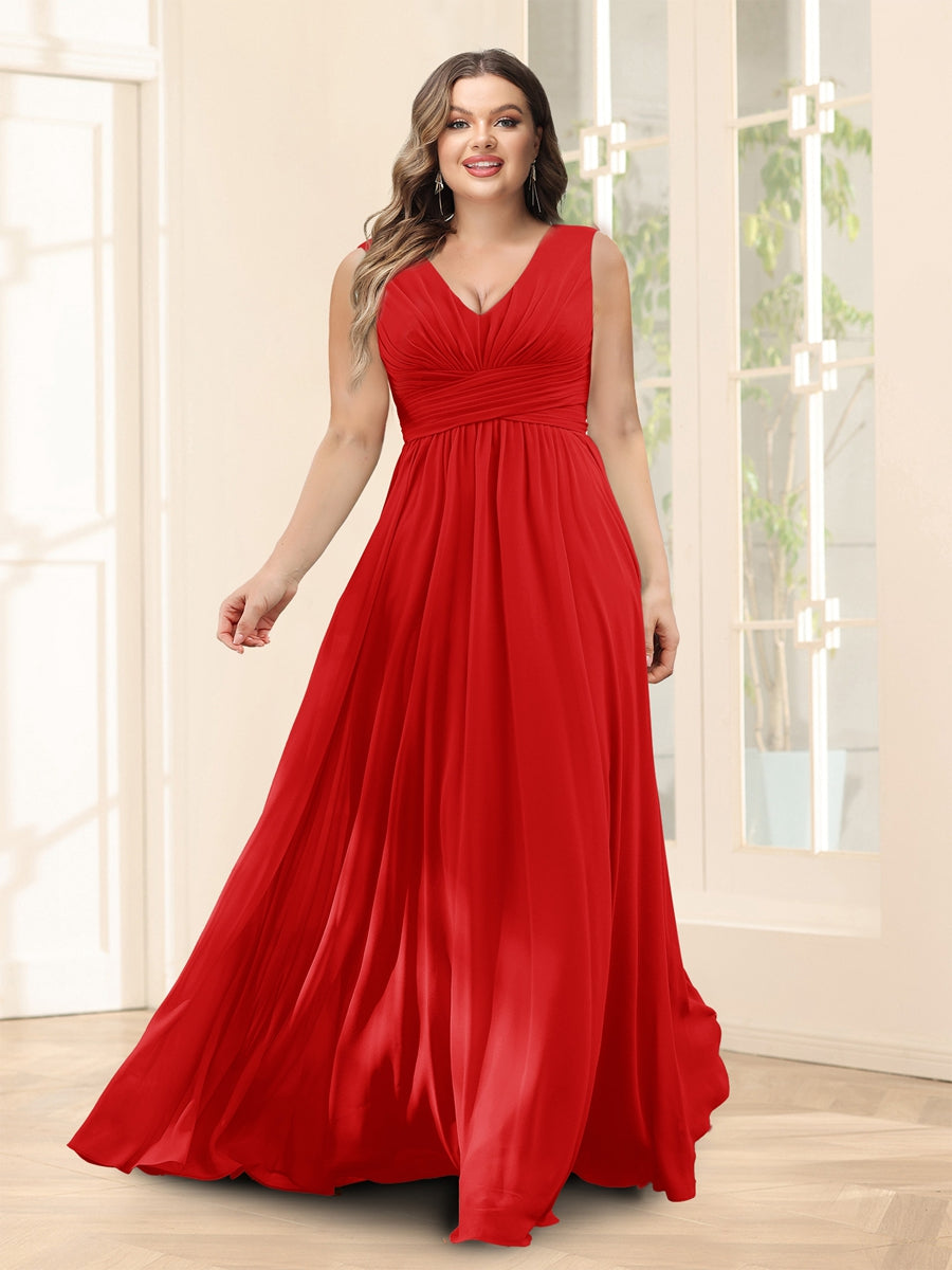 A-Line V-Neck Sleeveless Chiffon Plus Size Bridesmaid Dresses With Pockets