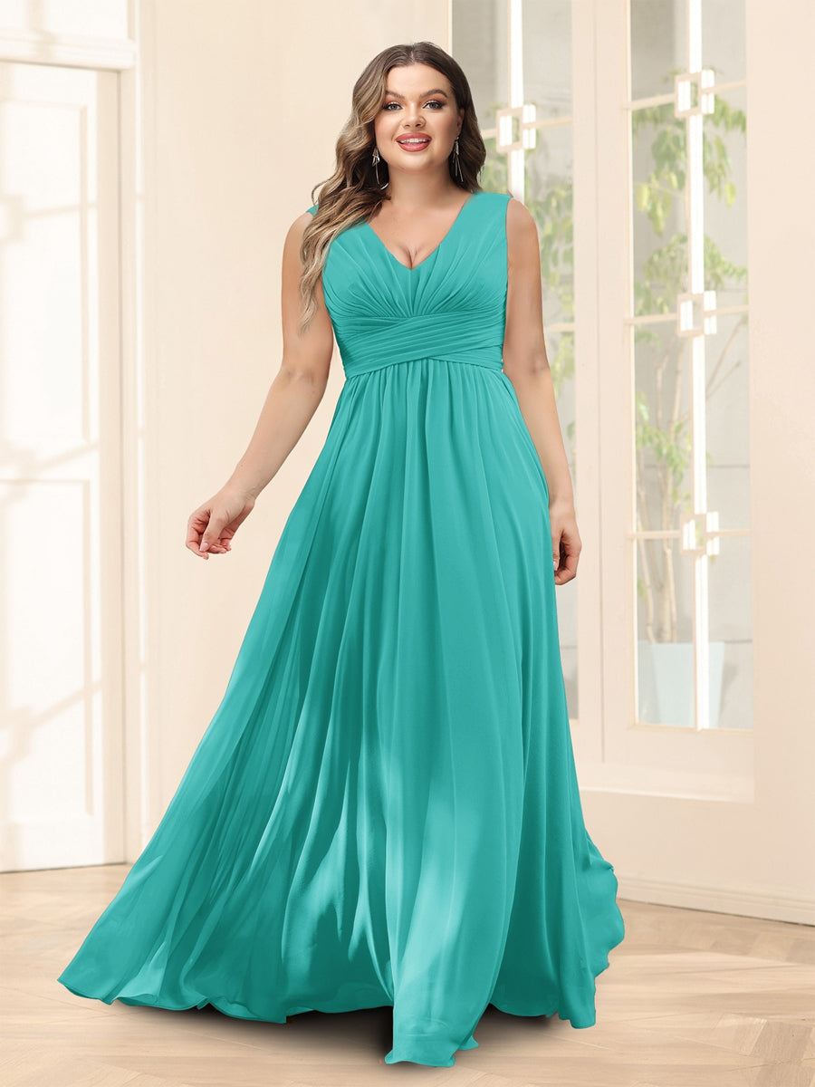 A-Line V-Neck Sleeveless Chiffon Plus Size Bridesmaid Dresses With Pockets