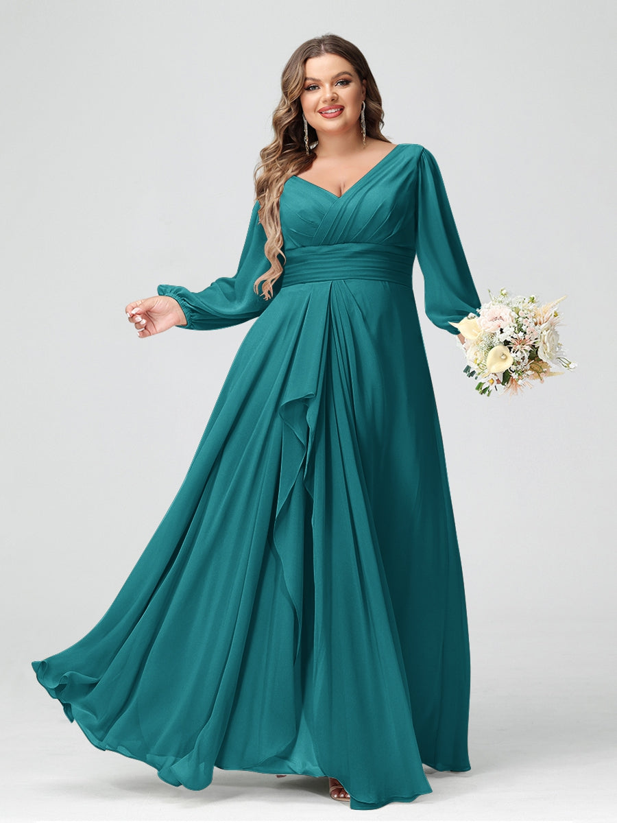 A-Line/Princess V-Neck Long Sleeves Chiffon Ruffles Plus Size Bridesmaid Dresses with Pockets