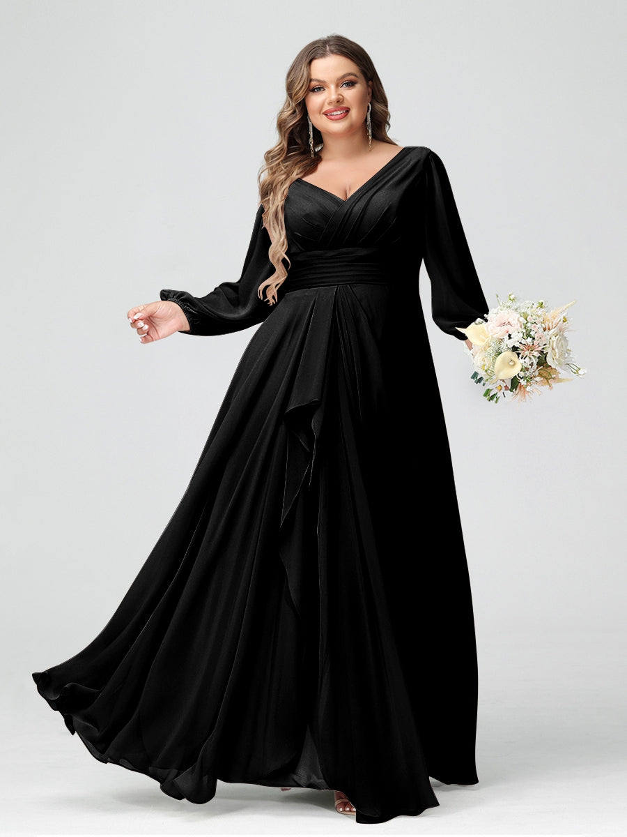A-Line/Princess V-Neck Long Sleeves Chiffon Ruffles Plus Size Bridesmaid Dresses with Pockets