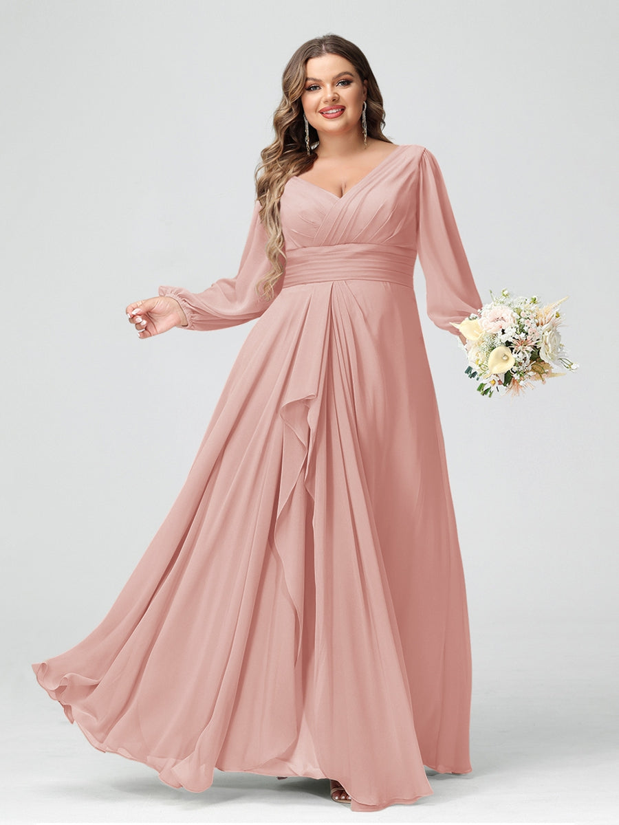 A-Line/Princess V-Neck Long Sleeves Chiffon Ruffles Plus Size Bridesmaid Dresses with Pockets