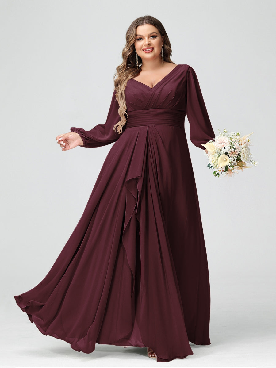 A-Line/Princess V-Neck Long Sleeves Chiffon Ruffles Plus Size Bridesmaid Dresses with Pockets