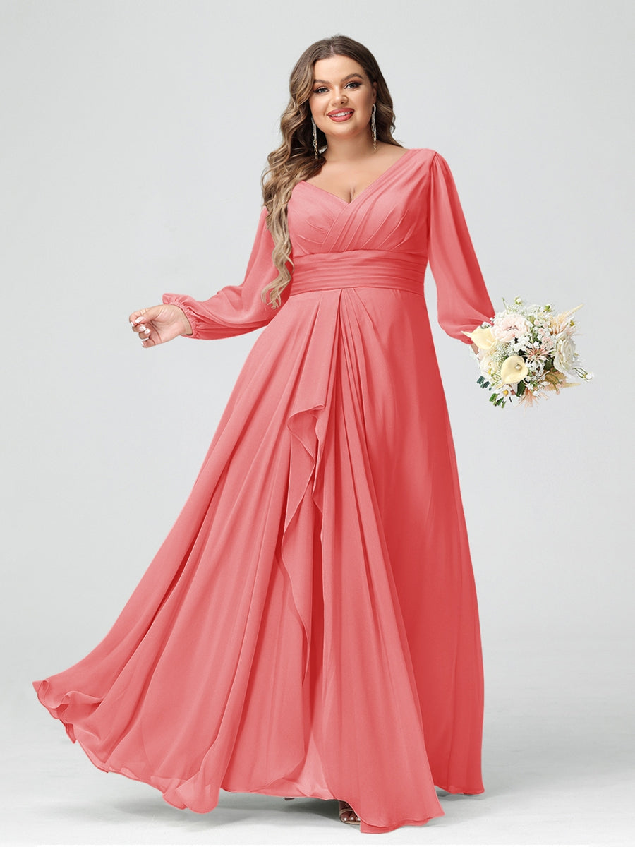 A-Line/Princess V-Neck Long Sleeves Chiffon Ruffles Plus Size Bridesmaid Dresses with Pockets