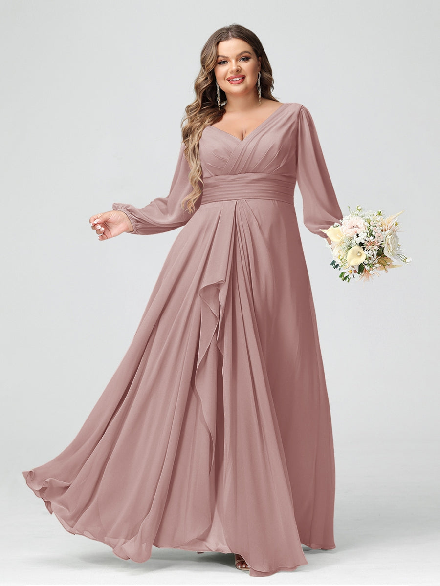 A-Line/Princess V-Neck Long Sleeves Chiffon Ruffles Plus Size Bridesmaid Dresses with Pockets