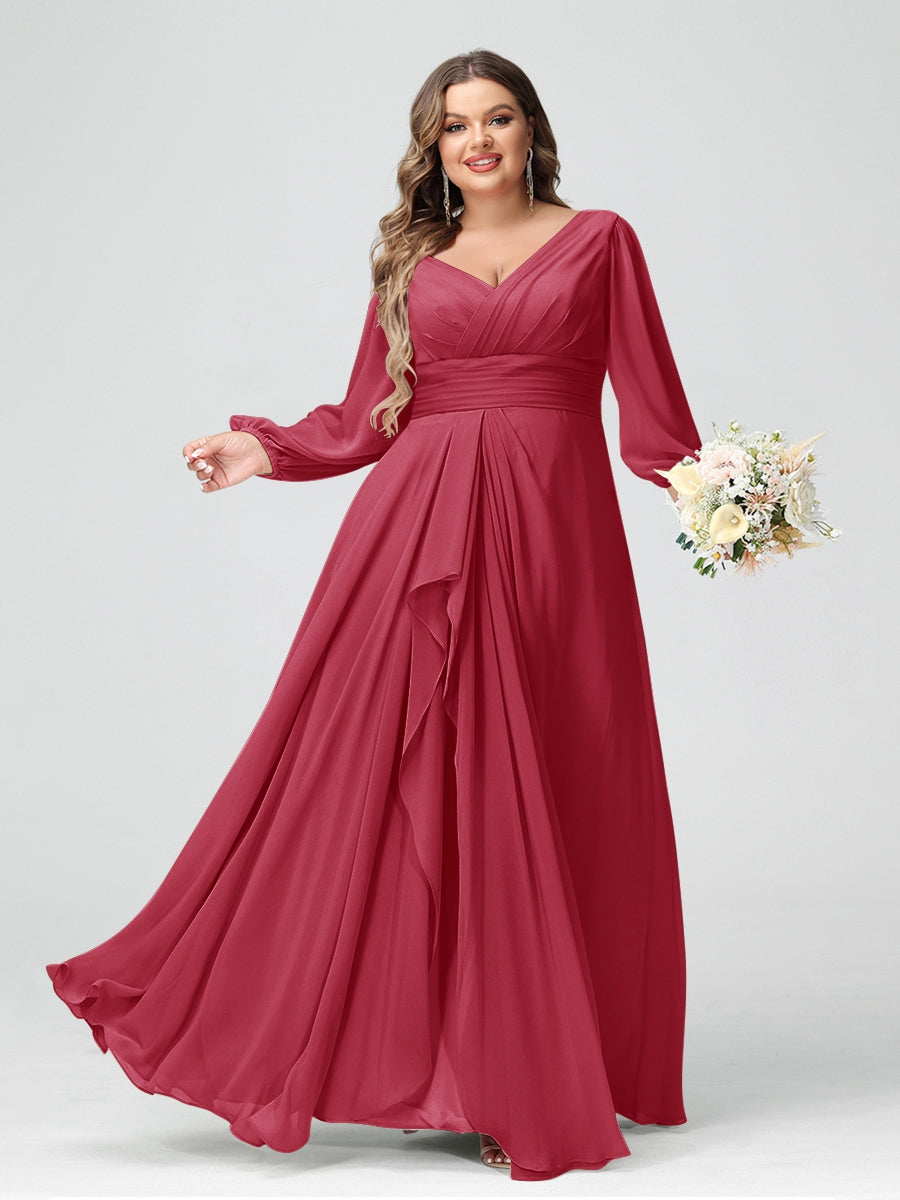 A-Line/Princess V-Neck Long Sleeves Chiffon Ruffles Plus Size Bridesmaid Dresses with Pockets
