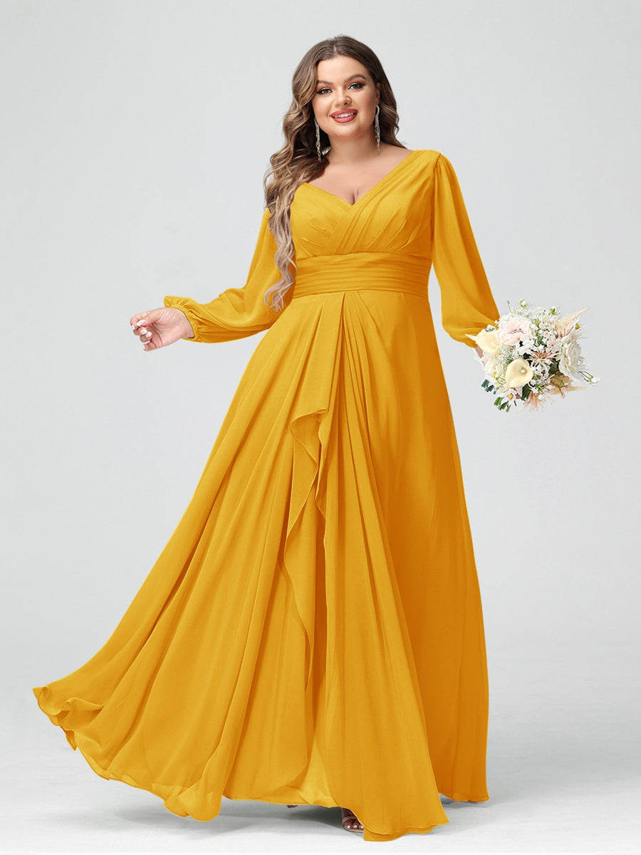 A-Line/Princess V-Neck Long Sleeves Chiffon Ruffles Plus Size Bridesmaid Dresses with Pockets