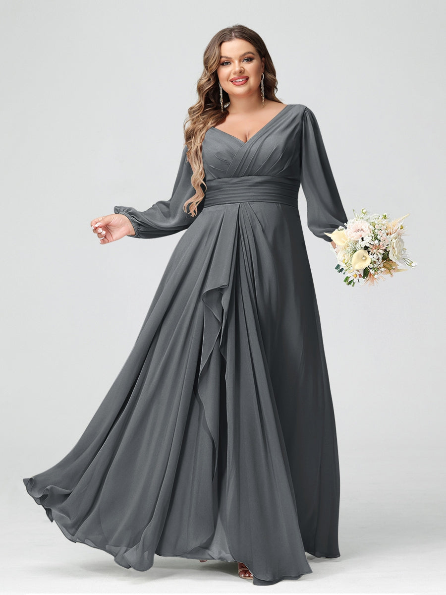 A-Line/Princess V-Neck Long Sleeves Chiffon Ruffles Plus Size Bridesmaid Dresses with Pockets