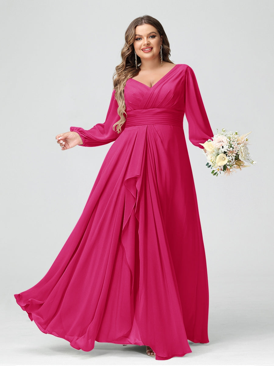 A-Line/Princess V-Neck Long Sleeves Chiffon Ruffles Plus Size Bridesmaid Dresses with Pockets