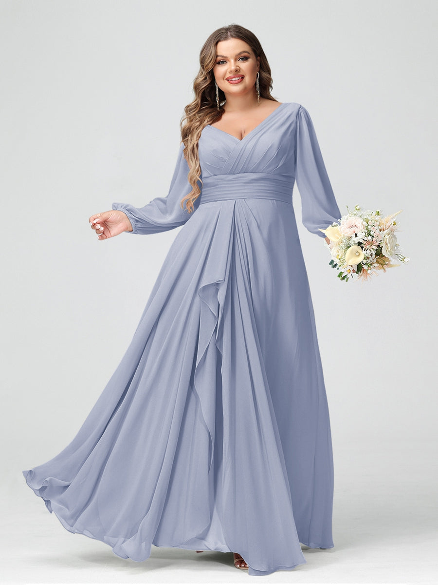 A-Line/Princess V-Neck Long Sleeves Chiffon Ruffles Plus Size Bridesmaid Dresses with Pockets
