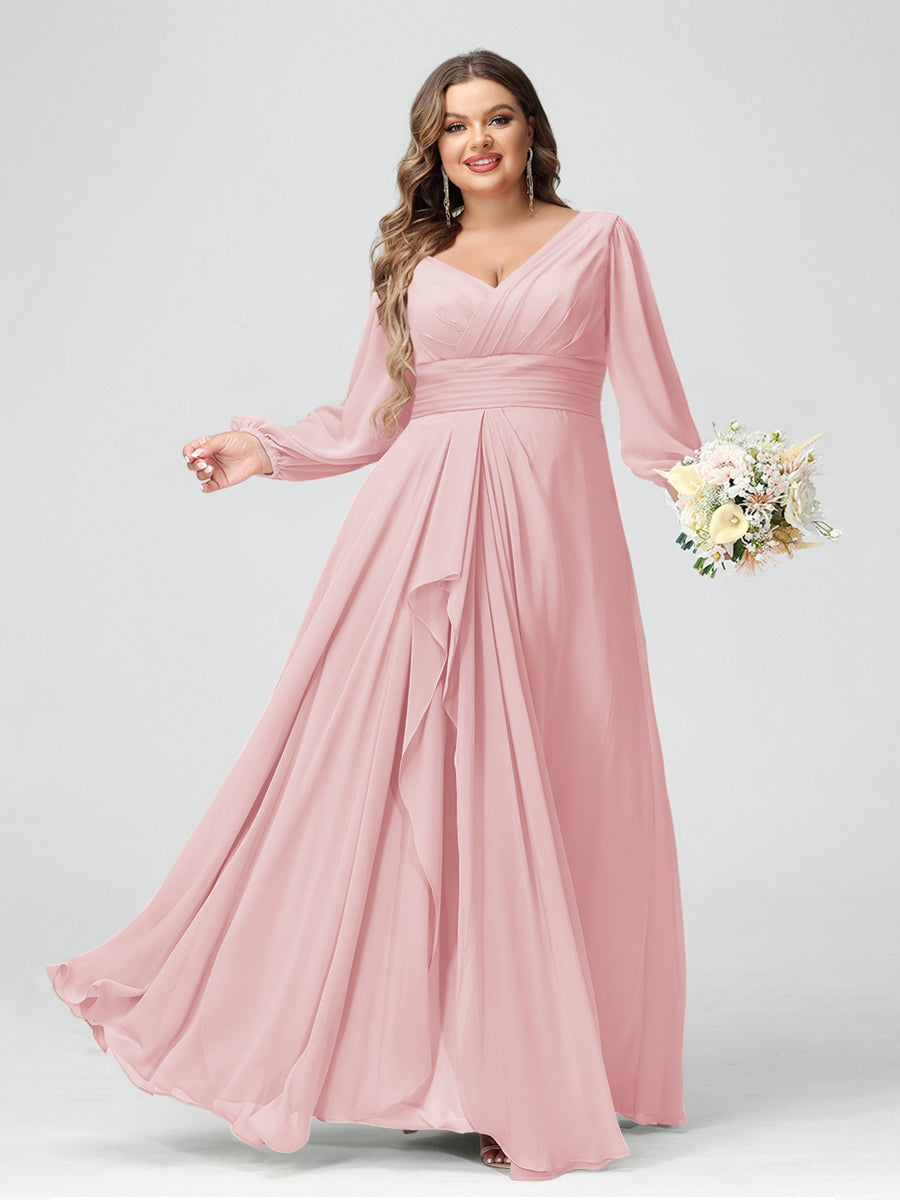A-Line/Princess V-Neck Long Sleeves Chiffon Ruffles Plus Size Bridesmaid Dresses with Pockets