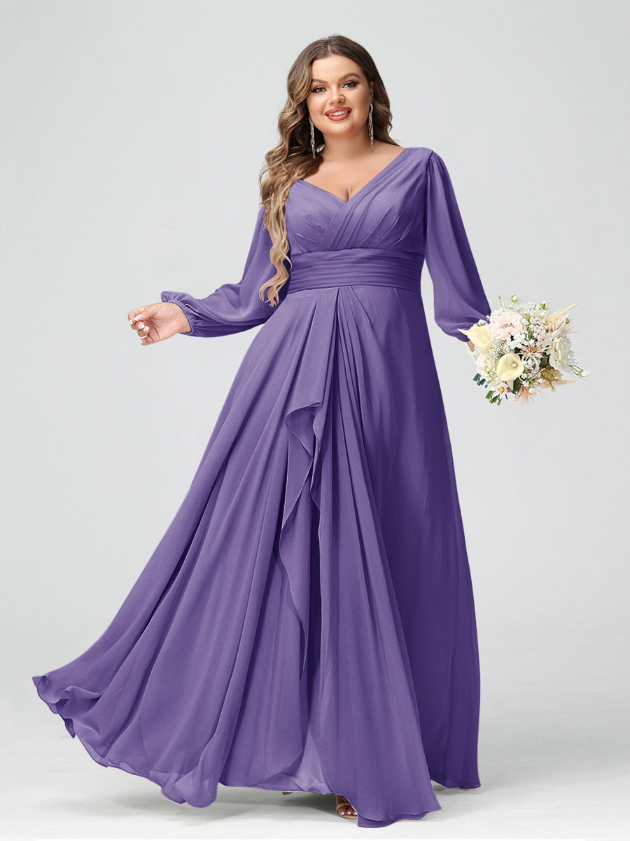 A-Line/Princess V-Neck Long Sleeves Chiffon Ruffles Plus Size Bridesmaid Dresses with Pockets
