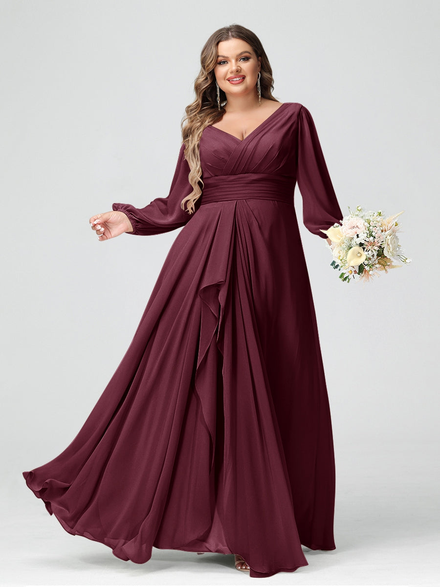 A-Line/Princess V-Neck Long Sleeves Chiffon Ruffles Plus Size Bridesmaid Dresses with Pockets