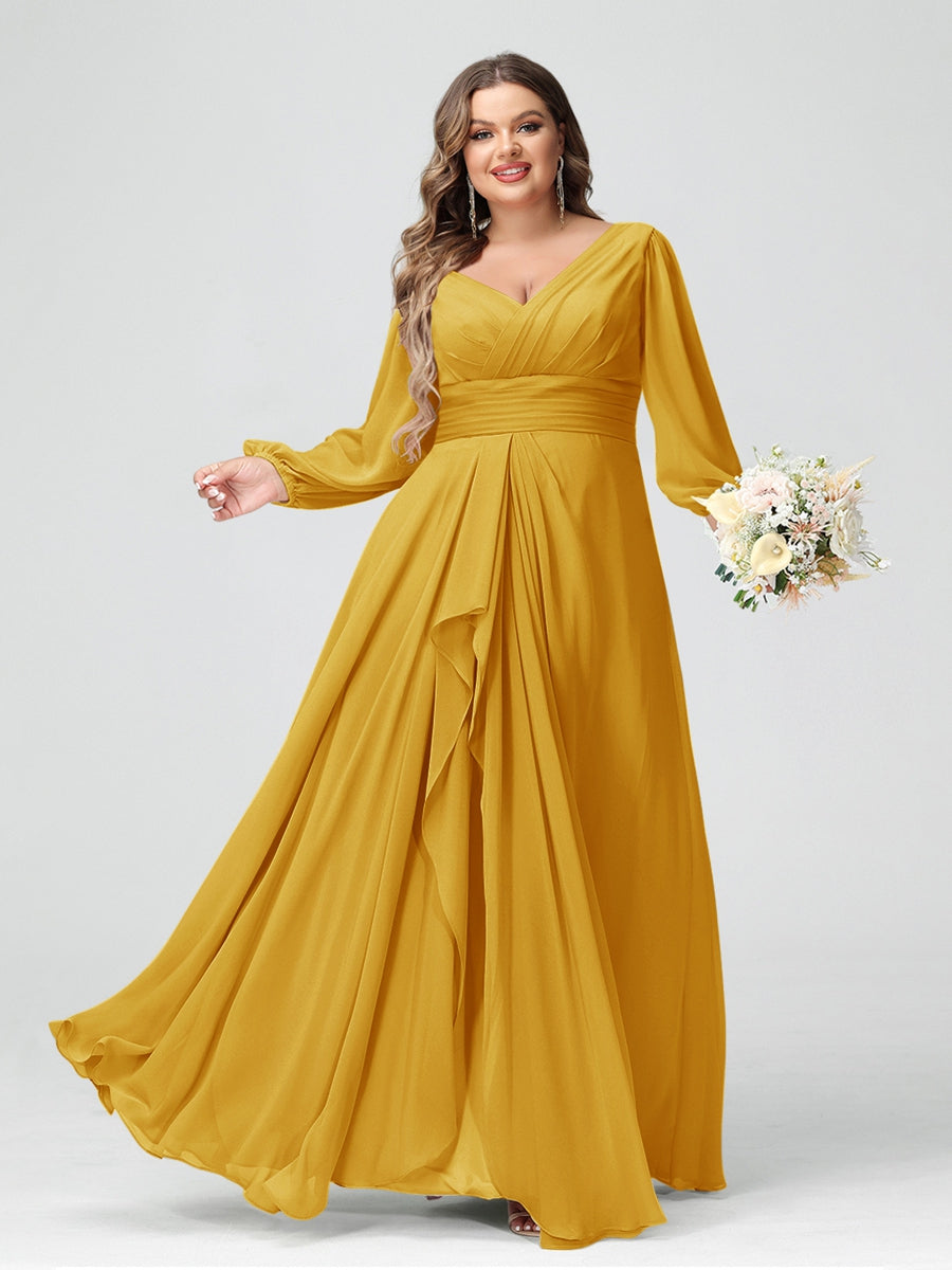 A-Line/Princess V-Neck Long Sleeves Chiffon Ruffles Plus Size Bridesmaid Dresses with Pockets