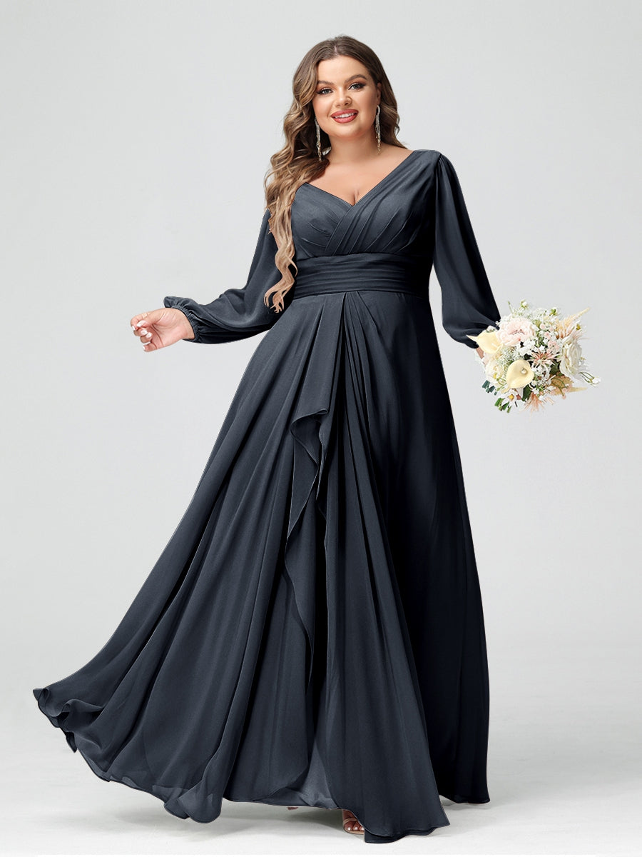 A-Line/Princess V-Neck Long Sleeves Chiffon Ruffles Plus Size Bridesmaid Dresses with Pockets