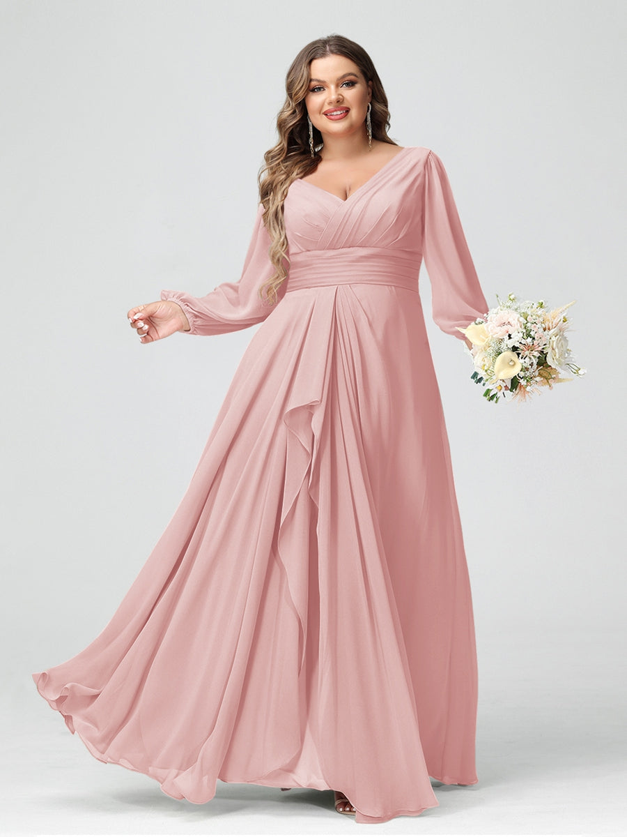 A-Line/Princess V-Neck Long Sleeves Chiffon Ruffles Plus Size Bridesmaid Dresses with Pockets