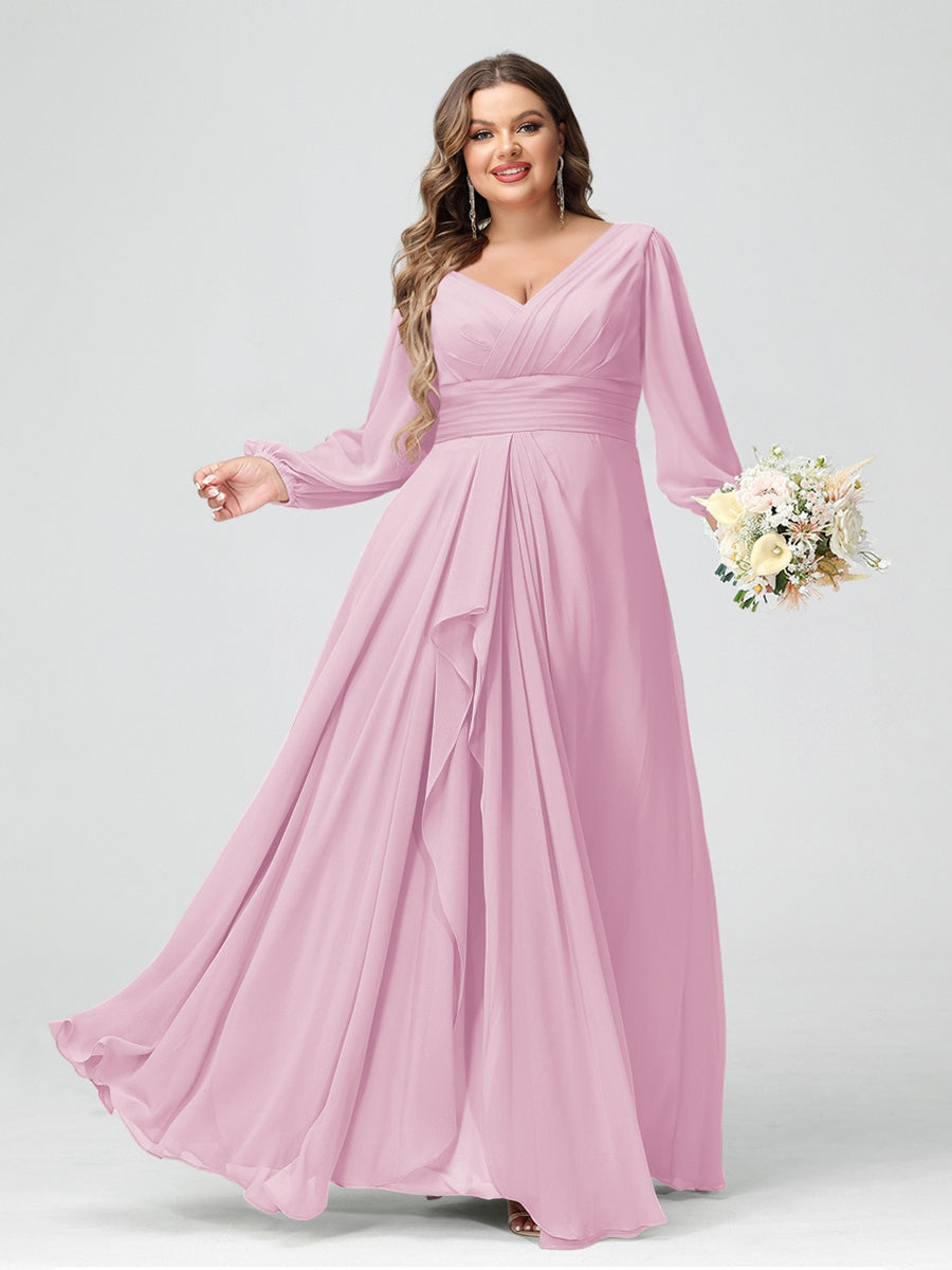 A-Line/Princess V-Neck Long Sleeves Chiffon Ruffles Plus Size Bridesmaid Dresses with Pockets
