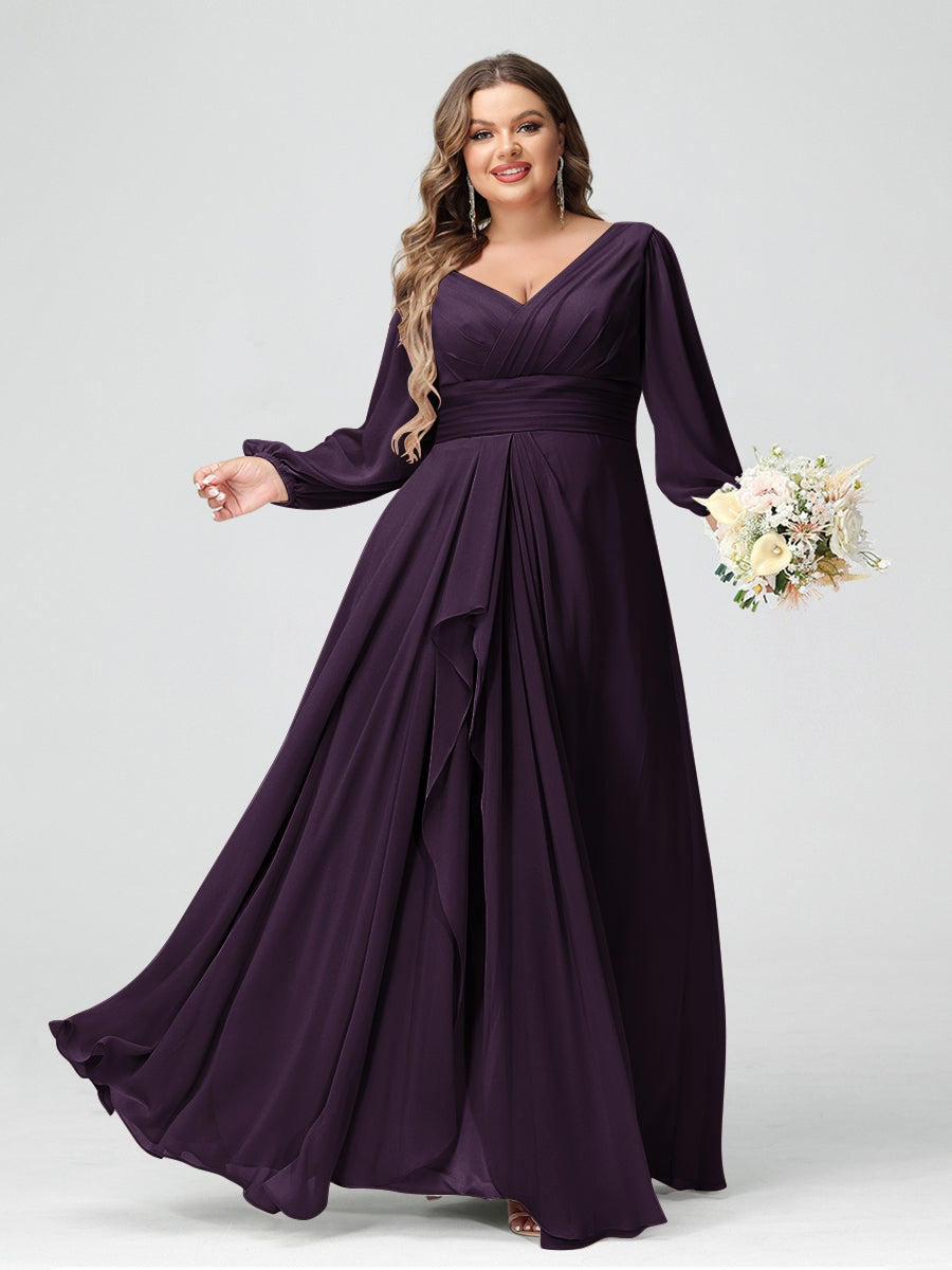 A-Line/Princess V-Neck Long Sleeves Chiffon Ruffles Plus Size Bridesmaid Dresses with Pockets