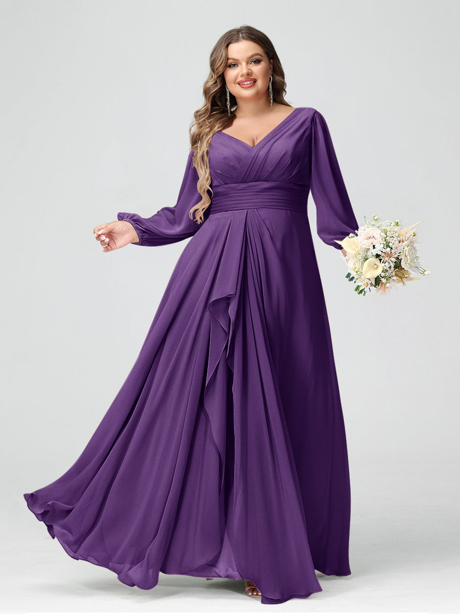A-Line/Princess V-Neck Long Sleeves Chiffon Ruffles Plus Size Bridesmaid Dresses with Pockets