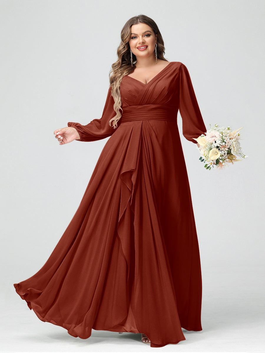A-Line/Princess V-Neck Long Sleeves Chiffon Ruffles Plus Size Bridesmaid Dresses with Pockets